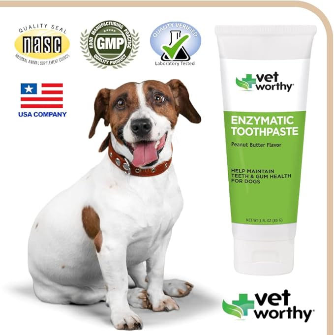 Vet Worthy Peanut Butter Enzymatic Toothpaste for Dogs - For Clean, Healthy Teeth and Gums - Freshen Dogs Breath - Peanut Butter Flavor - Made in the USA - Start Your Dog’s Dental Routine Today - 3oz