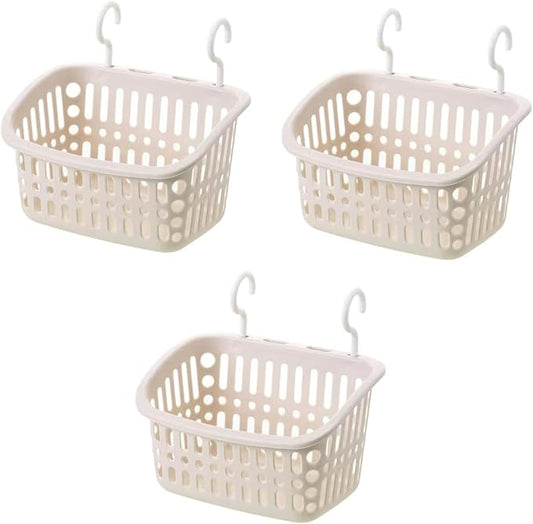 3PCS Plastic Hanging Baskets for Shower, Hanging Basket Organizer with Hooks, Rectangle 8.5Inches Small Hanging Storage Basket (Beige)