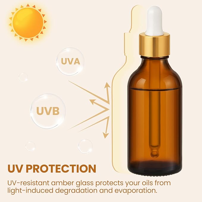 28 Pack 2oz Amber Glass Dropper Bottles with Gold Lids, Funnels, Droppers, Extra Caps & Labels – Leakproof, UV Resistant 60ml Empty Bottle for Tinctures, Essential Oils, Beard & Hair Oils