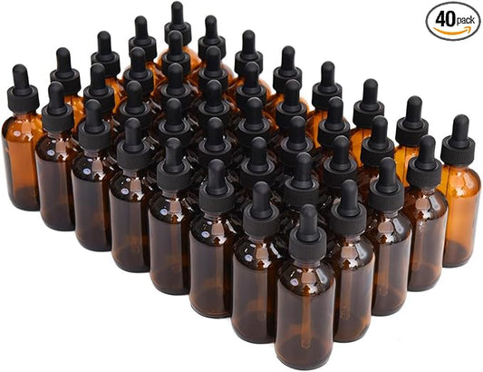 June Fox 40 Pack 2oz Amber Glass Dropper Bottles with Glass Droppers and Black Cap for Essential Oils, Lab Chemicals, Perfumes
