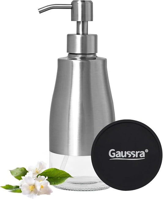 Gaussra Soap Dispenser with Coaster and Stickers, Brushed Nickel Stainless Steel Case Glass Liner Hand Pump Dispenser, Refillable Liquid Hand Soap Dispenser for Bathroom & Kitchen (11OZ / 320ML)