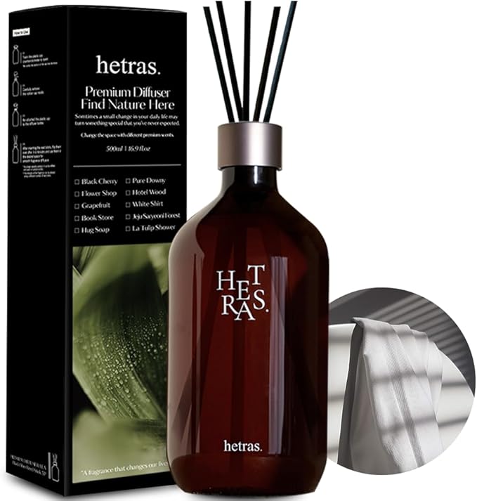 hetras Premium Reed Diffuser Set 16.9 fl.oz. 1 Pack | White Shirt - Clean Linen Scent | Long-Lasting Luxury Fragrance with 10 Reed Sticks for Home & Office | Gifts for Loved One