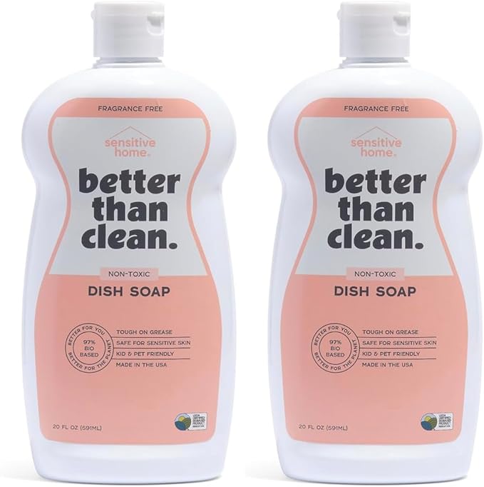 Fragrance Free 2-Pack Dish Soap – 97% Plant-Based, Hypoallergenic, Non-Toxic, Cuts Grease & Food Residue – Dishwashing Liquid with No Fragrance, Dyes or Harsh Chemicals – EWG A Rated