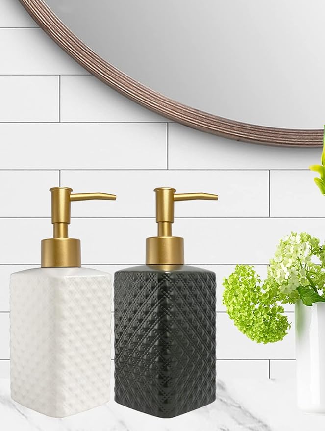 Chic Unique White Soap Dispenser for Bathroom with Golden Pump,Lotion Dispenser, Refillable Countertop Ceramic Hand Dispenser,Dish Dispenser for Kitchen 350ml(White Square Bottle)