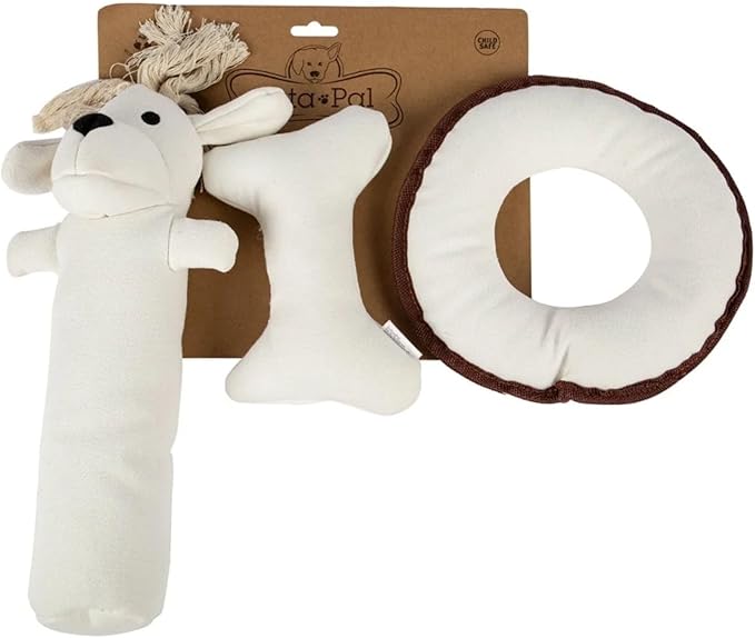 3pc Sustainable Eco-Friendly Durable Cotton Canvas Squeaky Dog Toy Set for Tough Chewers – Harry The Hound, T-Bone & Donut The Round Disk, White (Safe for Pets & Kids)