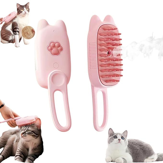 BoBow Cat Steam Brush for Shedding, 4 in 1 Rechargeable Steam Pet Brush for Cats and Dogs, Anti-Static, Massage, Cleaning, Shedding& Combing All in One! (Pink)