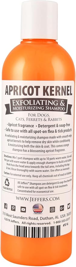 Jeffers Pet Apricot Kernel Shampoo – Detergent & Soap Free Exfoliating & Moisturizing Formula for Dogs, Cats, Puppies, Ferrets & Rabbit – Coconut Cleanser, Apricot Scent, Vitamins A&D, 17 oz
