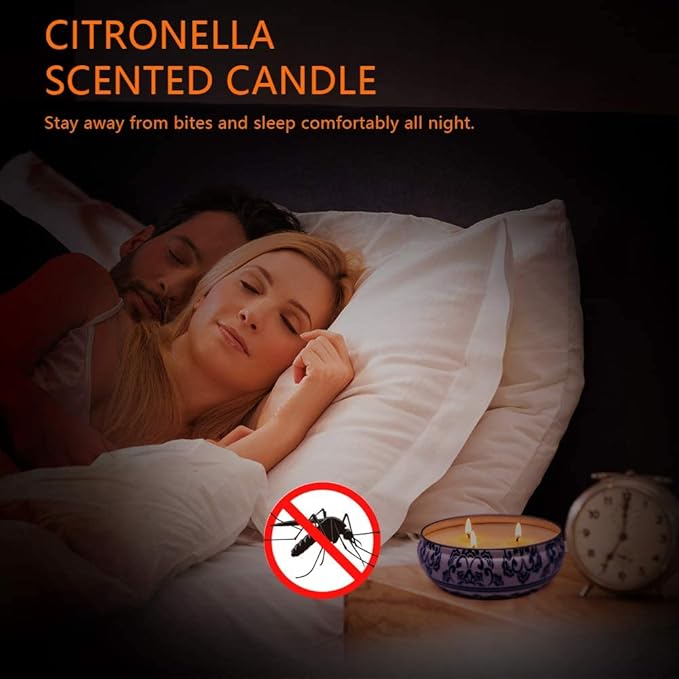 Citronella Candles Outdoor, Large 3 Wicks Soy Wax Candles in Blue and White Tin with Lid, 75 Hour Burn for Patio, Yard, Balcony, Camping, Indoor