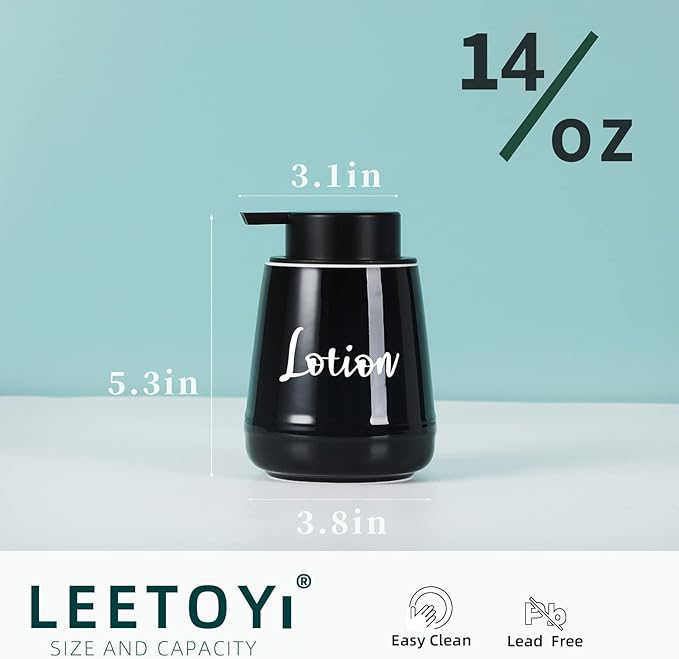 LEETOYI Bathroom Countertop Dispensers Modern Ceramic Soap Lotion Dispenser Bottles, Hand Soap Dispenser for Bathroom, Dish Soap Dispenser for Kitchen, Easy to Press Pump (Black, Labeled Lotion)