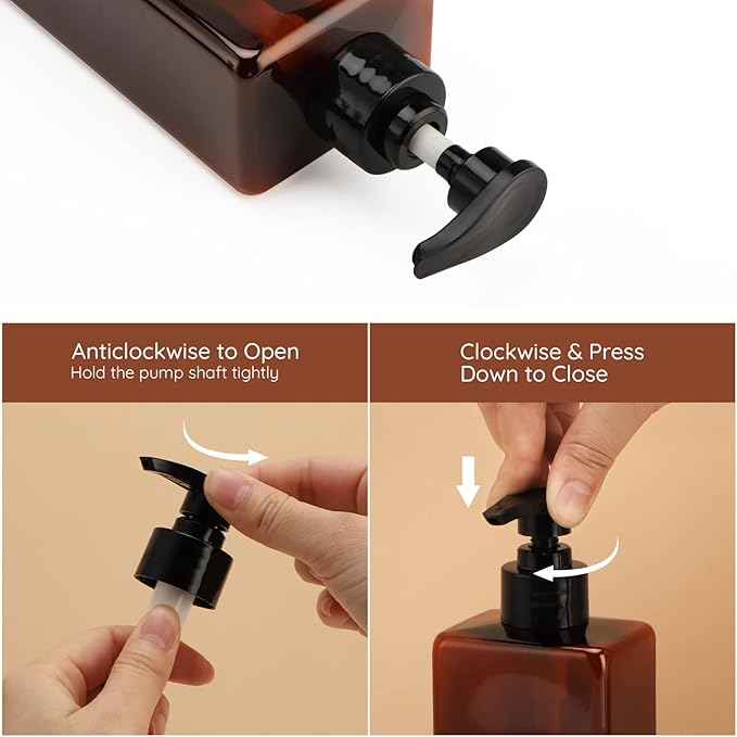 16.9oz Shampoo Bottles, Segbeauty 3pcs 500ml Pump Press Shower Containers with Labels, Empty Refillable Shampoo Body Soap Conditioner Shower Gel Plastic Bathroom Press Lotion Dispenser Amber