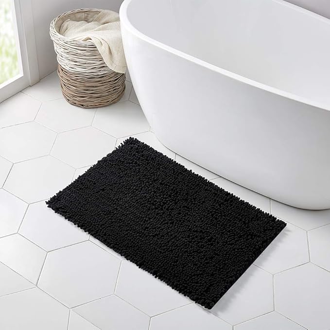 Walensee Bathroom Rug Non Slip Bath Mat (32x20 Inch Black) Water Absorbent Super Soft Shaggy Chenille Machine Washable Dry Extra Thick Perfect Absorbant Best Large Plush Carpet for Shower Floor