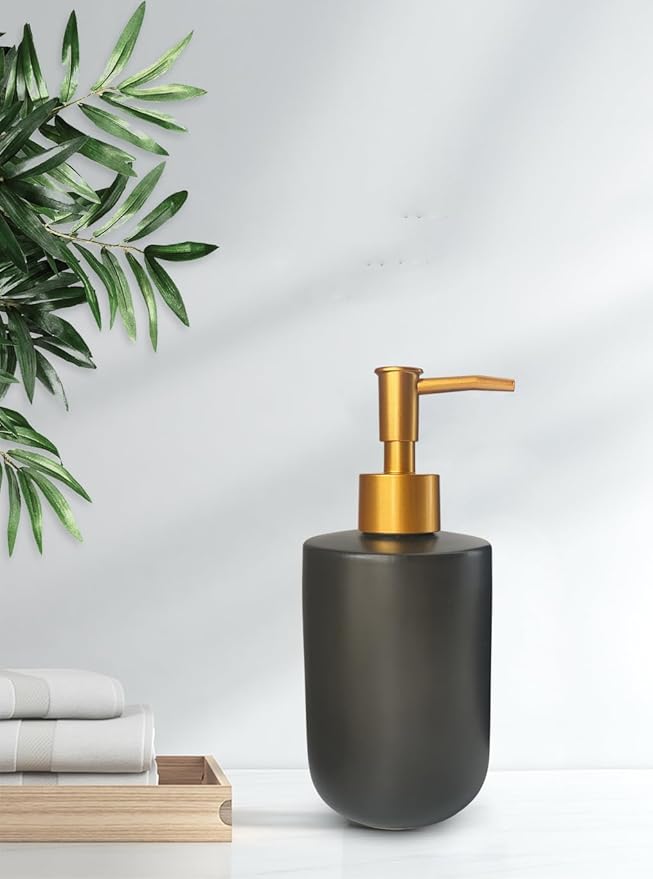 Black Liquid Soap Dispenser for Bathroom with Golden Pump,Refillable Dish Dispenser for Kitchen， Countertop Lotion Ceramics Hand Dispenser 420ml(Cylindrical Black Bottle)