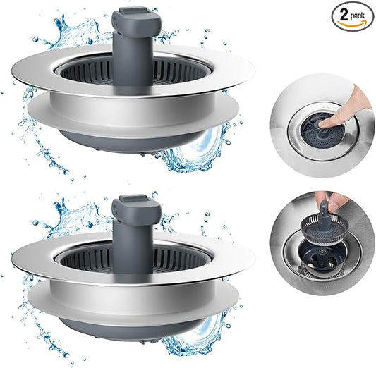 Hibbent 3 in 1 Kitchen Sink Drain Strainer and Stopper Combo, Chrome Stainless Steel Wraped Shell, Anti-Clogging Basket Strainer with Foldable Handle for US Standard 3-1/2" Drain