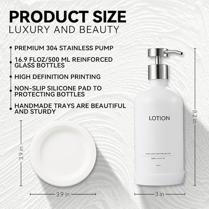 Glass Soap Dispenser Set by Janxin,Bathroom Soap Dispenser Set with Ceramic Tray,Luxury Bathroom Accessories,Modern Kitchen Decor (White+Silver(Lotion))
