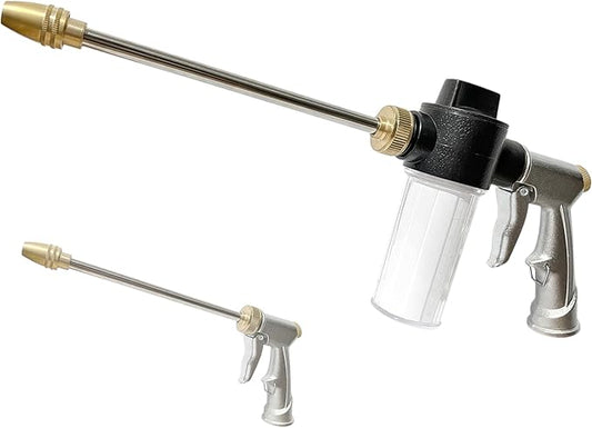 High Pressure Garden Hose Nozzle Sprayer with 3.5oz Plastic Soap Dispenser Bottle, Heavy Duty Car Wash Foam Gun, Adjustable Nozzle for Gardening, Solar Panel Cleaning, Pet Showering (Silver)