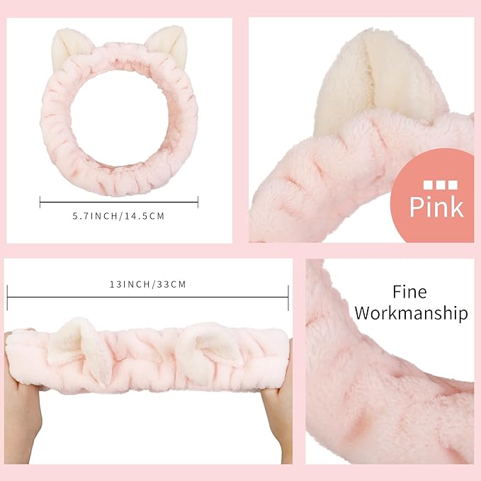 Huachi 2 Packs Cute Cat Ears Spa Headband for Washing Face Makeup Skincare, Kitty Animal Headbands for Women Girls Trendy Stuff Gifts Soft Coral Fleece Facial Wash Hair Accessories (White + Pink)