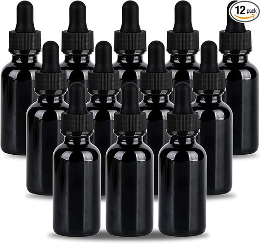 1 oz UV Resistant Dropper Bottle 12 Pack Black Glass Boston Bottles 30ml with Eye Droppers Black Caps for Essential Oils, Perfume, Leak Proof Travel Bottles for Liquids