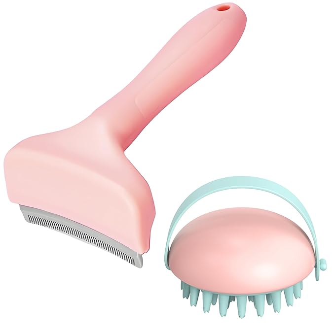 2 Pack Pet Grooming Set, Short Teeth Stainless Steel Deshedding Brush for Short-Haired Dogs and Soft Silicone Circular Bath Brush, Efficient Fur Removal and Gentle Cleaning (Pink, Small)