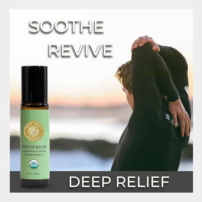 Silk Road Organic Muscle Relief Essential Oil Blend Roll On, 100% Pure USDA Certified Aromatherapy for Muscle Aches & Stiff Joints with Peppermint & Ginger - 10 ml Roller