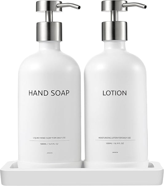 Glass Kitchen Soap Dispenser Set with Ceramic Tray,16.9 floz Hand and Dish Soap Dispenser for Kitchen and Bathroom Decor (White + Silver(Lotion))