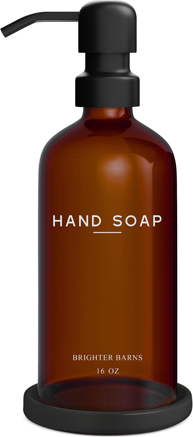 Amber Glass Hand Soap Dispenser Bathroom Set by Brighter Barns - Refillable Liquid Hand Soap Dispenser Tray and Pump Set for Kitchen - Modern Bathroom Decor & Accessories for Airbnb, RV, Hotel (Amber)