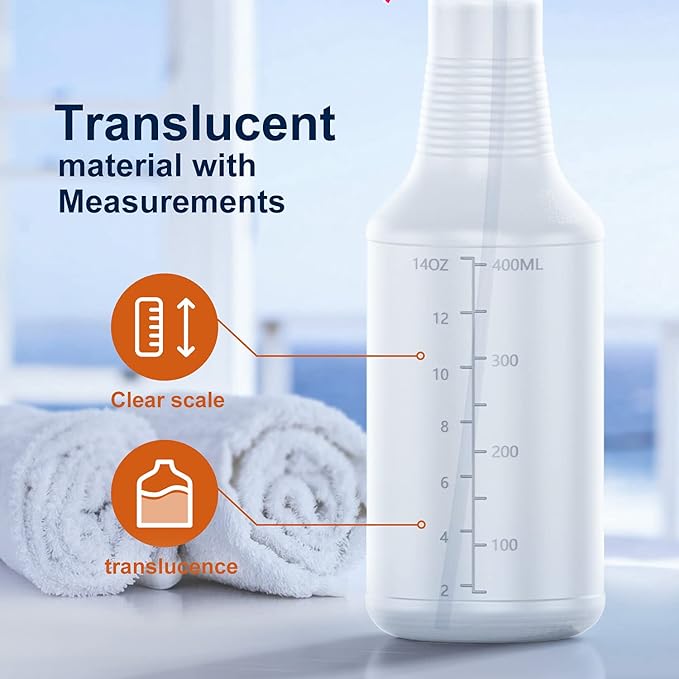 Veco Spray Bottle (2 Pack&2 extra Nozzle,16 Oz) with Measurements and Adjustable Nozzle, HDPE Plastic Spray Bottles for Cleaning Solution, Household/Commercial/Industrial Use, No Leak and Clog