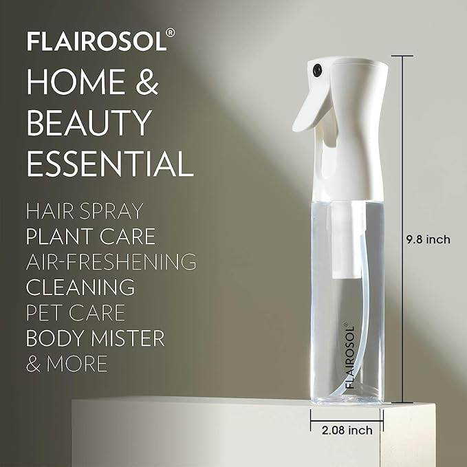 FLAIROSOL - The Original, Spray Bottle for Hair, Plants & More, Continuous Mister, Ultra Fine Water Mist, 10.1oz/300ml, Clear Bottle - Black Print