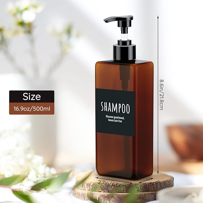 16.9oz Shampoo Bottles, Segbeauty 3pcs 500ml Pump Press Shower Containers with Labels, Empty Refillable Shampoo Body Soap Conditioner Shower Gel Plastic Bathroom Press Lotion Dispenser Amber