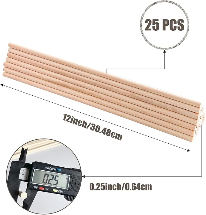 25PCS Dowel Rods Wood Sticks Wooden Dowel Rods - 1/4 x 12 Inch Precut Dowels for Crafting, Hardwood Dowel Rod Assortment, Wooden Rod Sticks Doweling Rods, Cake Dowels for Tiered Cakes