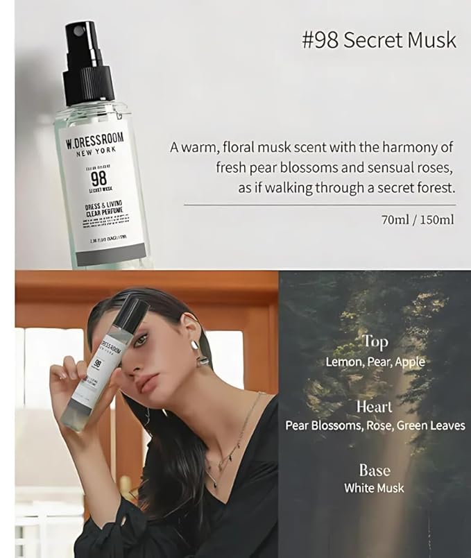 W.Dressroom No.98 Secret Musk Living Clear Perfume, Body Mist & Fabric Spray Deodorizer, Alcohol-Free Water-Based, Odor Neutralizer for Clothes, Bedding & Room, Travel Size 2.36 oz
