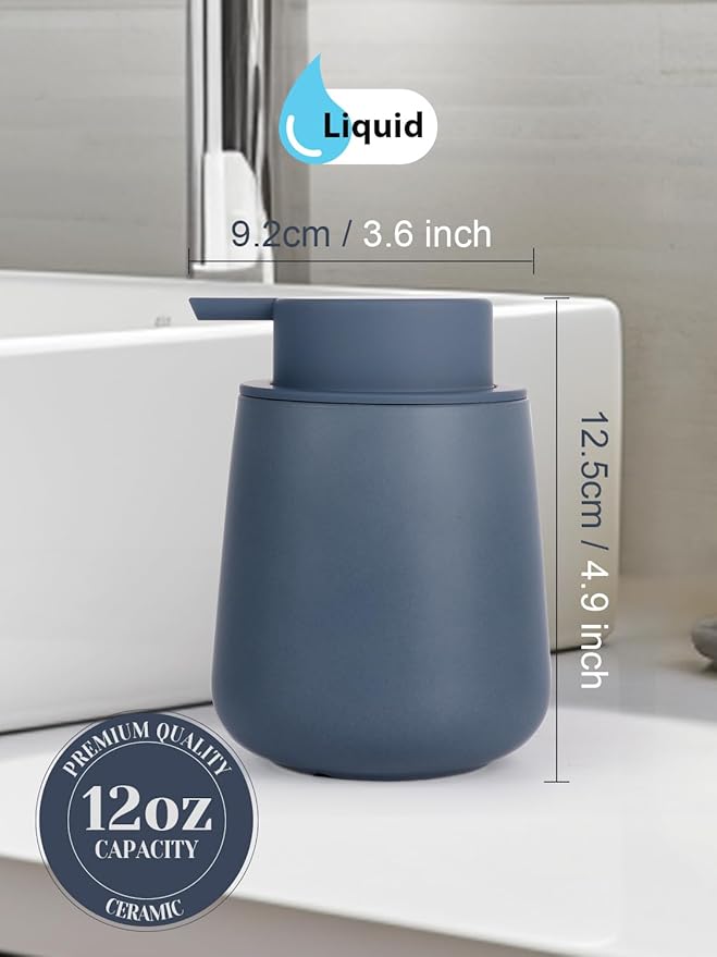 INGOFIN Ceramic Lotion Dispenser - 12oz Refillable Liquid Hand Soap Dispenser Bathroom, Modern Dish Soap Dispenser with Pump for Kitchen, Matte Blue