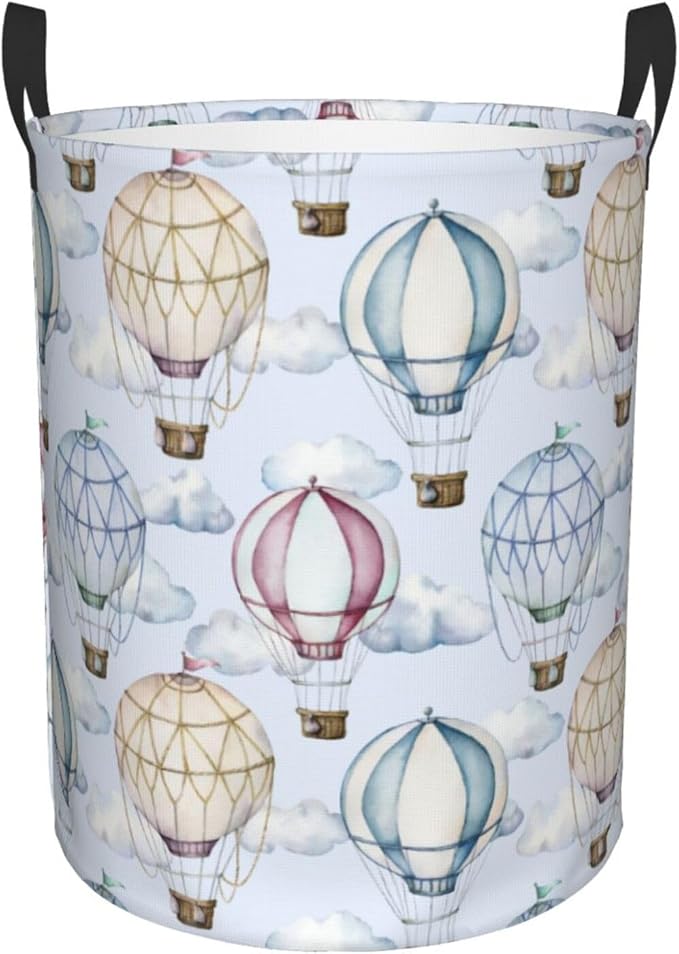 Watercolor Hot Air Balloons And Clouds Laundry Hamper Bag With Waterproof Liner - Round Laundry Basket Foldable Clothes Storage Organizer For Bathroom Bedroom Nursery Dorm, S-16.5"X 13.8"