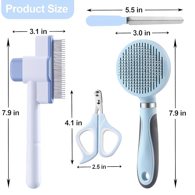 Cat Grooming Kit, 4-in-1 Cat Grooming Tools with Cats Brush, Flea Comb, Nail Clipper & Trimmer - Deshedding & Dematting for Pets Hair and Paws, Pet Shedding Set for Indoor Dogs & Cats (Blue)
