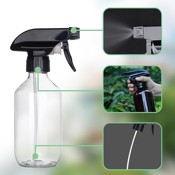 Plastic Spray Bottles Clear and Brown Refillable Container Empty Spray Bottle 10oz/300ml Adjustable Head Sprayer and Stream for Cleaning Products, Plants, Pet, Hair