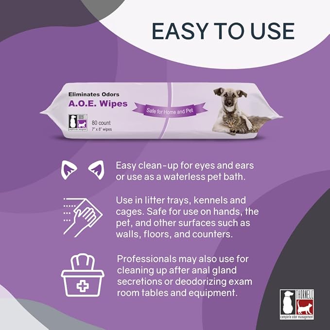 Thornell Animal Odor Eliminator Cat and Dog Wipes (80 Wipes) - All Purpose Deodorizing Pet Wipes - Pet Odor Eliminator for Pet, Kennels, Cages – Pet Deodorizing Wipes w/ Safe, Non-Enzymatic Formula
