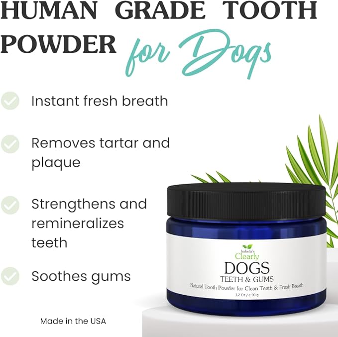 Isabella's Clearly Teeth & Gums, Natural Toothpaste for Dogs for Bad Breath, Tartar, Teeth Whitening | Leave On Tooth Powder, Tasty Cinnamon Flavor with Coconut and Kelp | Vegan, Made in USA
