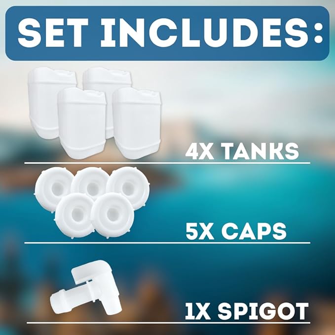 5-Gallon Stackable Water Storage Containers, 5Lids + 1 Spigot, Easy Fill, Survial Supply Emergency Water Storage for Camping and Disaster Preparedness, RV, 20 Gallon (4 Tanks)