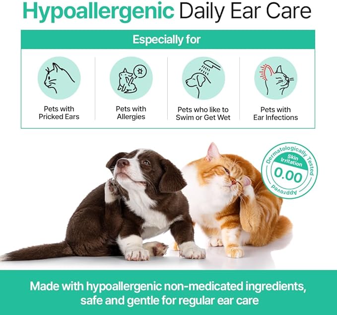 PetO’Cera CL’Ear Ear Cleaner for Dogs & Cats with 52% Hinoki Cypress Water, Cica & Heartleaf Extract, Soothes Itching, Removes Debris, Odor, Alcohol-Free, Fragrance-Free, Hypoallergenic, 4 fl oz