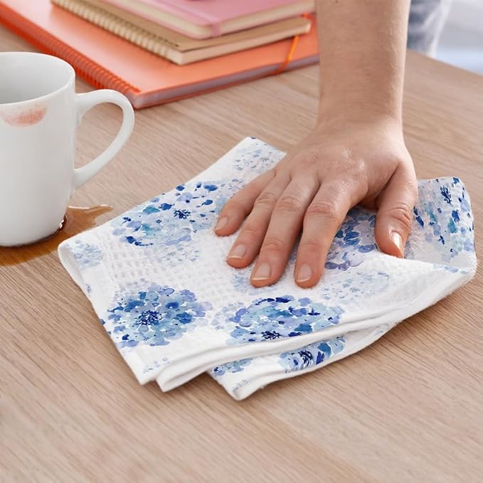 4 Pcs Watercolor Blue Hydrangea Kitchen Towels, Spring Summer Decorative Absorbent Microfiber Dish Cloth Tea Towel, Waffle Soft Hand Towels for Farmhouse Home Kitchen
