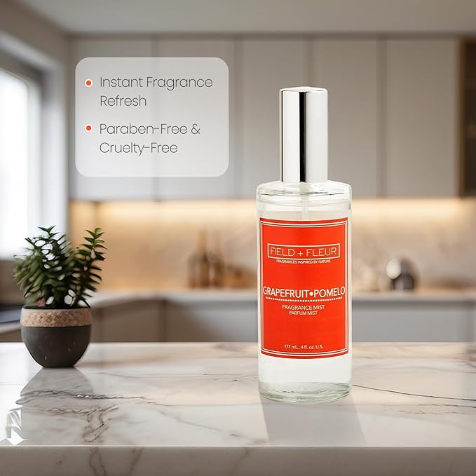 FIELD FLEUR Natural Room and Linen Spray, Non-Toxic Fragrance Mist With scents of Floral, Citrus, Aquatic Woods Notes – Long-Lasting Room Spray for Home, Bedding – Made in USA, 4oz – Grapefruit Pomelo