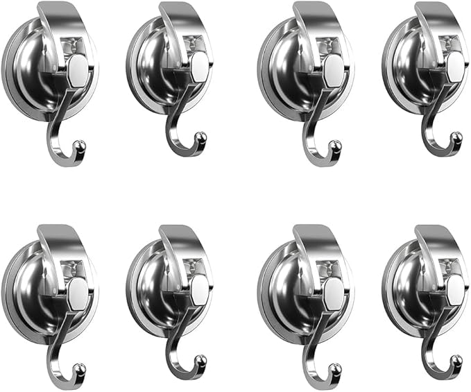 Heavy Duty Vacuum Suction Cup Hooks, Silver Plated Polished Super Suction for Kitchen Bathroom, 8 Pack