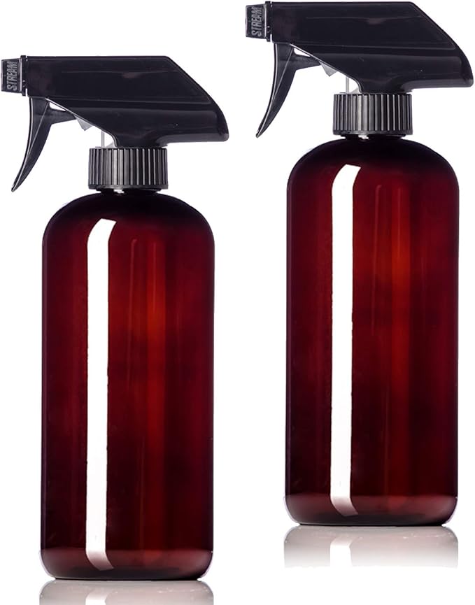 16oz Amber Plastic Bottles with Black Trigger Sprayers, BPA Free PET Plastic (2 Pack)