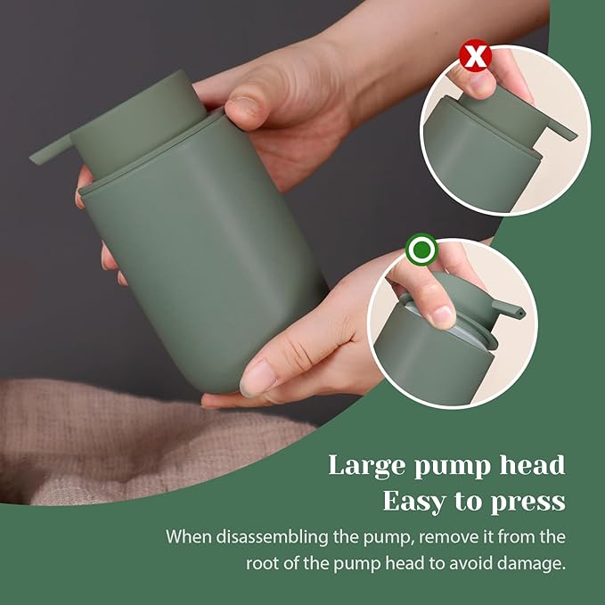 INGOFIN Ceramic Foaming Soap Dispenser Set, 2 Pack (12 oz) Bathroom Foam Hand Soap Dispenser with Pump, Hand and Dish Dispenser Set with 8 Pcs Clear Stickers,for Kitchen- Matte Green