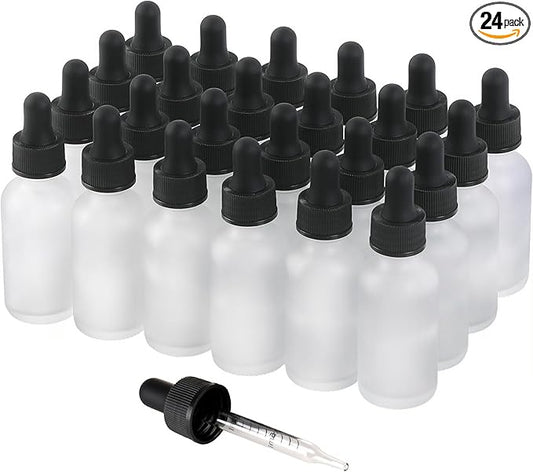 24 Pack,1oz Glass Dropper Bottle, Clear Frosted Tincture Bottles with Dropper, Pretty Finish for All Kinds of Liquids,Oil Bottles for Hair- Stronger Suction ideal for Leakproof Travel