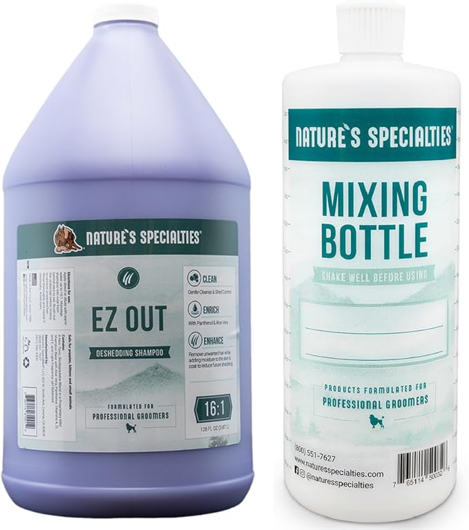 Nature's Specialties Mixing Bottle and Dog Shampoo Conditioner Concentrate Bundle, Easy to Read Measurements Mixing Bottle 32 oz, EZ Out Deshedding Dog Shampoo Conditioner Concentrate 1 gal