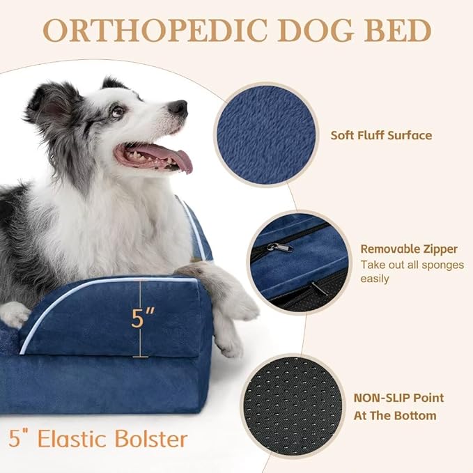 Comfort Expression Orthopedic Dog Bed for Extra Large Dogs 42x30 Inch, Waterproof Egg Crate Foam XL Pet Bed with Removable Bolsters, Dog Couch with Washable Cover & Non-Slip Bottom, Navy Blue
