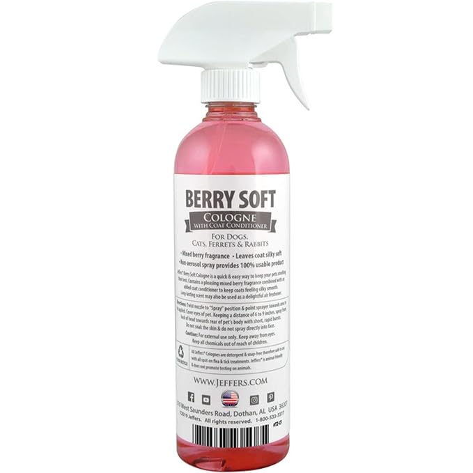 Jeffers Pet Cologne Spray with Coat Conditioner for Dogs & Cats, Berry Soft - Detergent & Soap Free Grooming Fragrance Mist, Deodorizer, Freshener, Safe for Pets, Salon, Home Use - 16 oz