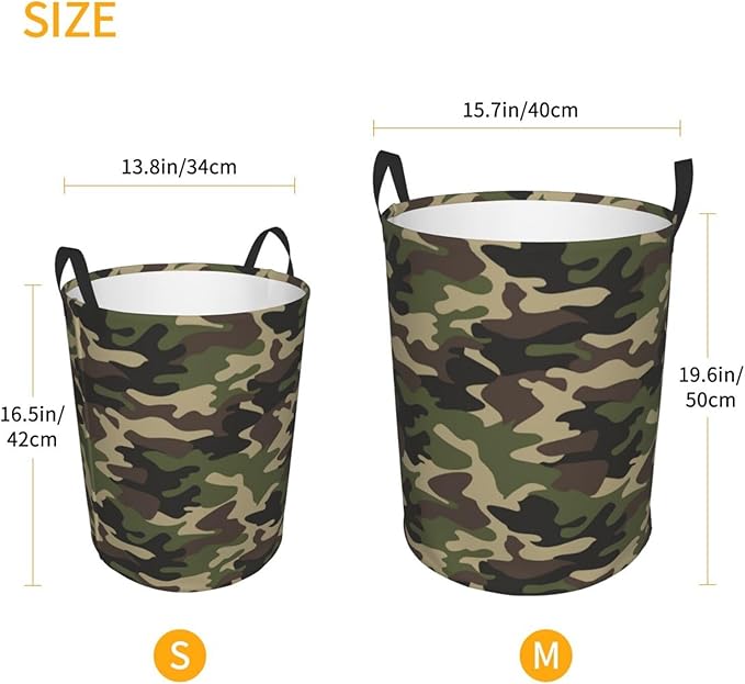 Green Camouflage Laundry Hamper Bag With Waterproof Liner - Military Camo Round Laundry Basket Foldable Clothes Storage Organizer For Bathroom Bedroom Nursery Dorm, M-19.6"X 15.7"
