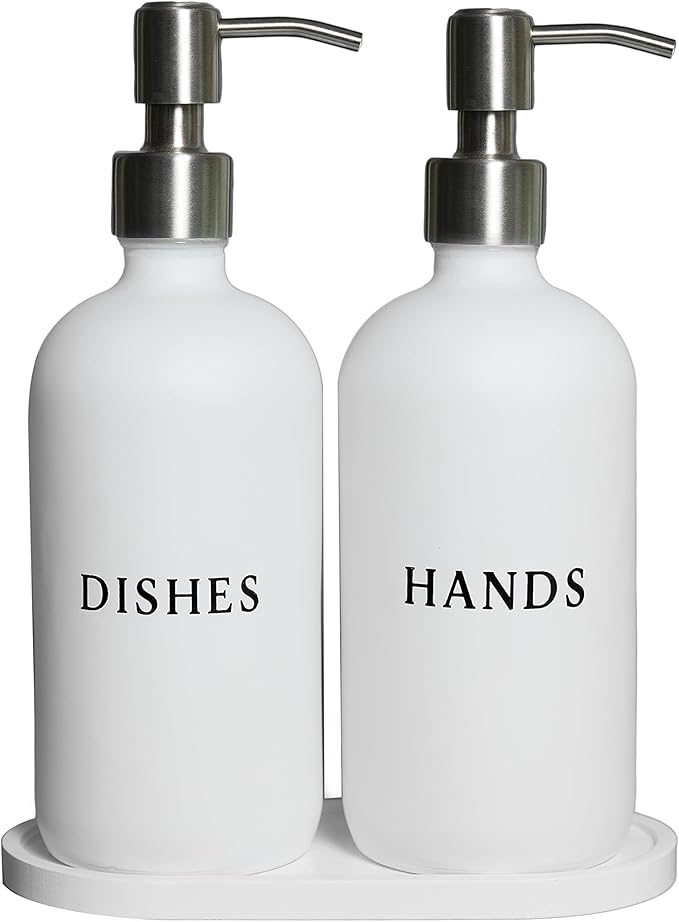 White Glass Hand and Dish Soap Dispenser Set - Modern Farmhouse Sink Accessories - 16 oz Kitchen Sink Set With Tray, Stainless Pumps & Funnel