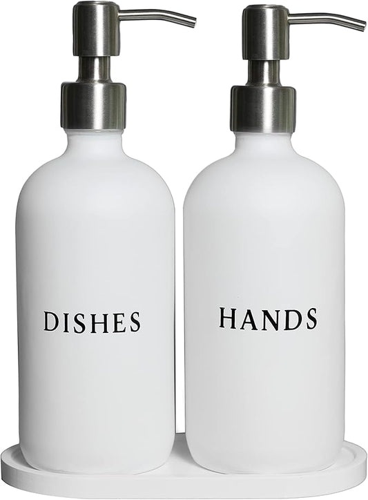 White Glass Hand and Dish Soap Dispenser Set - Modern Farmhouse Sink Accessories - 16 oz Kitchen Sink Set With Tray, Stainless Pumps & Funnel